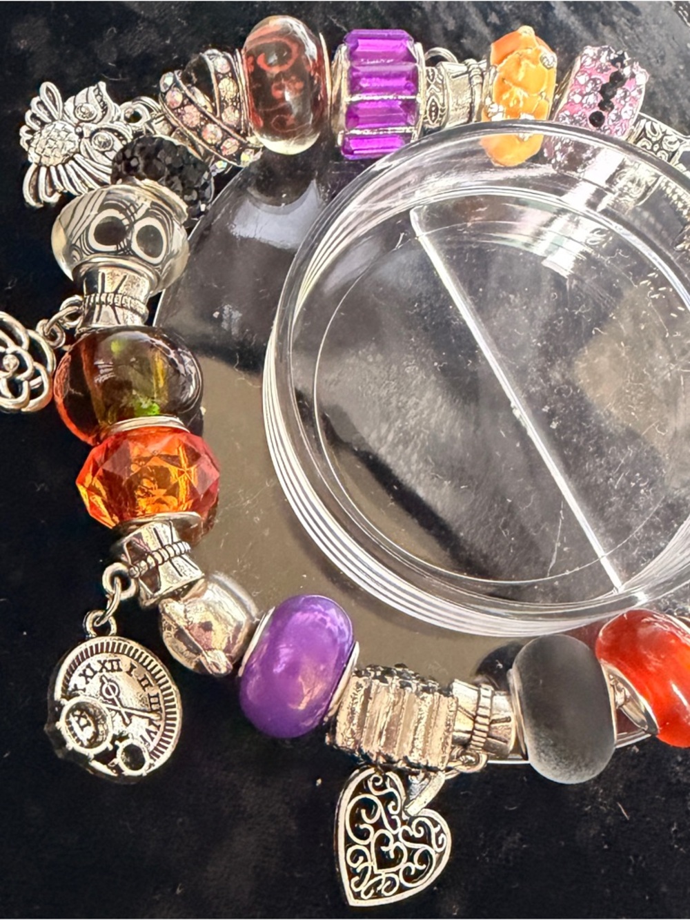 Colorful Charm Bracelet with Purple, Orange & Black Beads